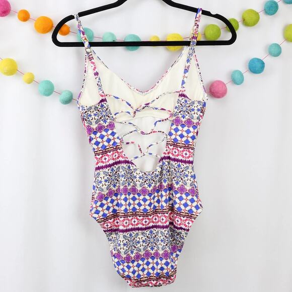 La Blanca Purple Floral Striped One Piece Swimsuit V-Neck Lattice Back Size 6 - Picture 3 of 5